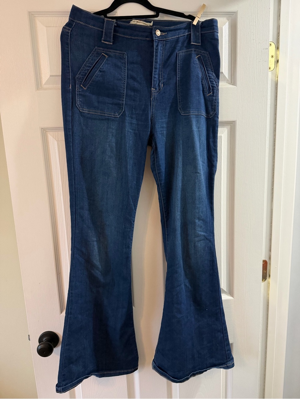Altar'd State Dark Blue Flare Jeans with Front Patch Pockets